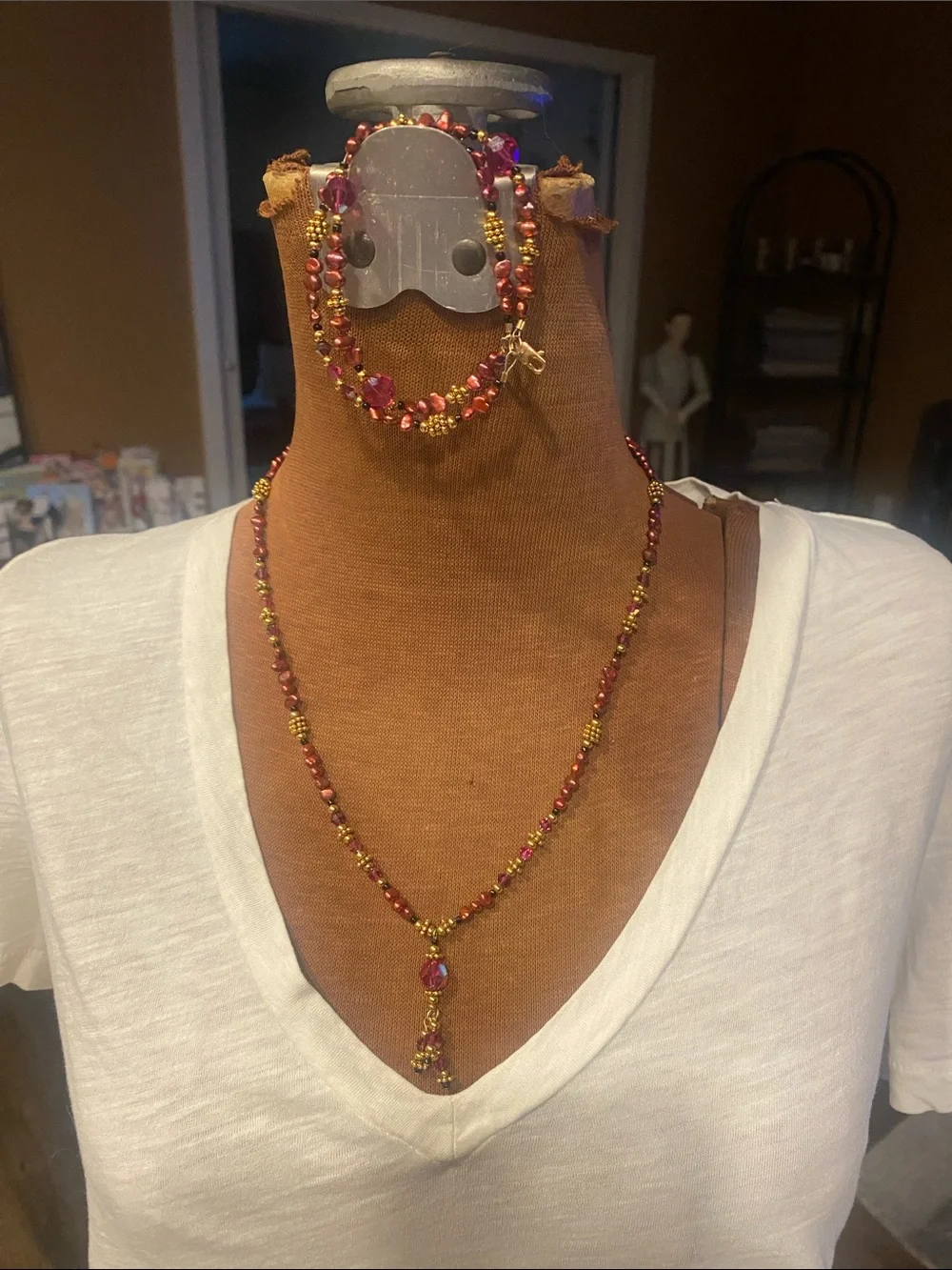 Red and Gold Beaded Women's Necklace with Matching Bracelet